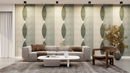 Large luxury modern bright interiors Living room mockup illustration 3D rendering image - 766508428