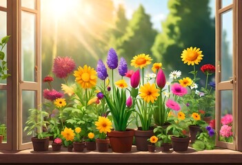 Gardening Concept. Garden Flowers and Plants on a Sunny Background