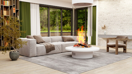 Large luxury modern bright interiors Living room mockup illustration 3D rendering image - 766508646