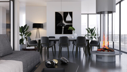 Large luxury modern bright interiors Living room mockup illustration 3D rendering image - 766508663