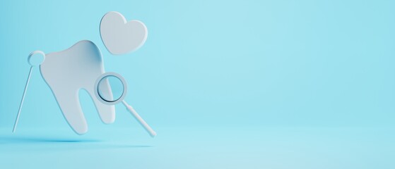 3d object illustration for dentist tooth with tools of medical health care for dental clinic hospital bussiness