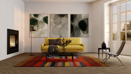 Large luxury modern bright interiors Living room mockup illustration 3D rendering image - 766508809