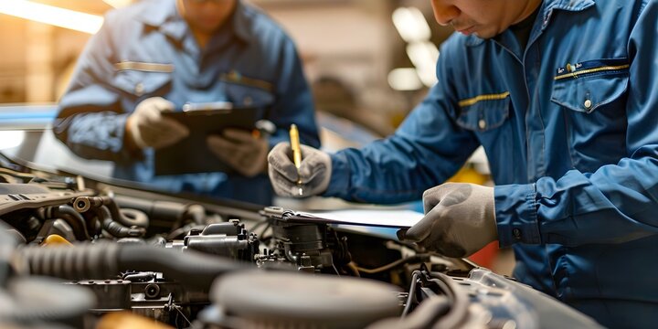 Two mechanics inspecting a car engine in an auto repair shop one writing on a clipboard. Concept Auto Repair Shop, Car Inspection, Mechanic Team, Professional Service, Checklist Evaluation