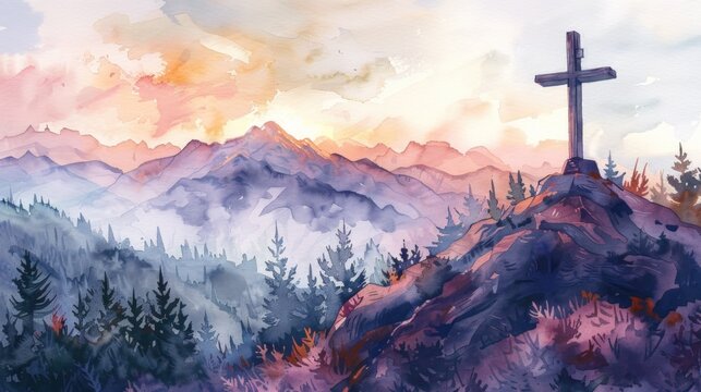 A serene watercolor painting of a cross atop a mountain at sunrise