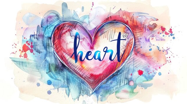 Colorful watercolor painting of a heart with the word "heart" written inside it