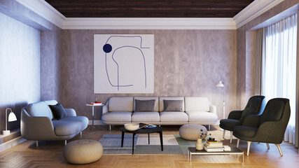 Large luxury modern bright interiors Living room mockup illustration 3D rendering image - 766509234