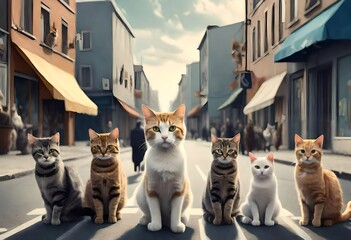 Cat king leading group of cats on street, Cat leader giving lectures to other cats, surreal scene of animals on street  - obrazy, fototapety, plakaty