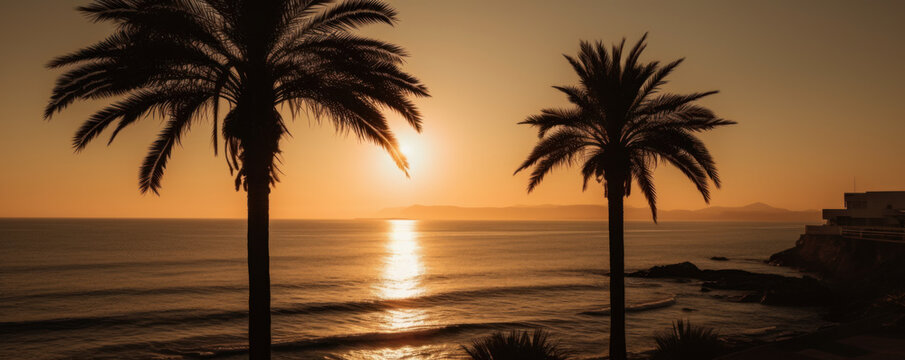 Sea with palm trees at sunset