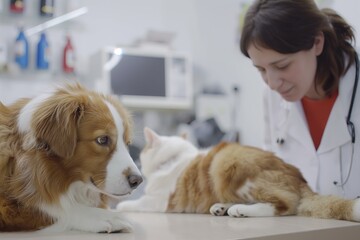 vet with dog and cat in clinic