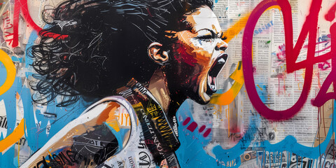 Graffiti, collage of grunge newspapers and painting, illustration of an iconic woman screaming with a fighting spirit, feminist revolution for equality, urban graphic artwork, street art, mixed media