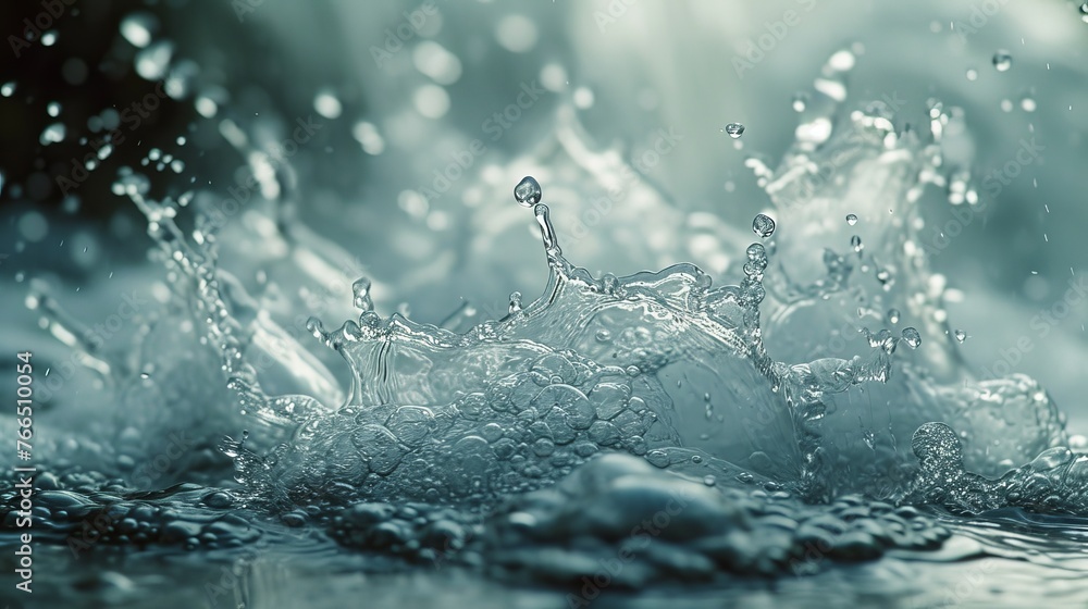 Poster a close-up of pristine water droplets creating a dynamic splash on a tranquil surface, capturing the