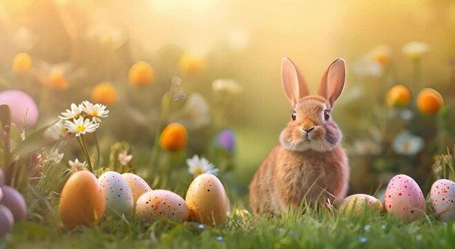 The Easter Bunny in a sun-drenched meadow with graceful wildflowers and colorful Easter eggs makes the perfect spring card with space for text
