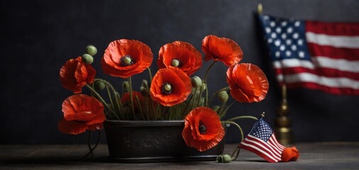 American flag and a poppy flowers with Memorial Day Remember and Honor background - obrazy, fototapety, plakaty