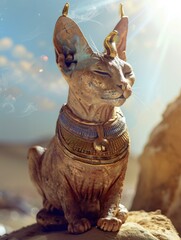An antique Egyptian cat statue bathed in sunlight