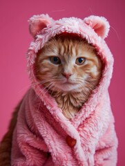 A ginger cat wearing a cute pink hooded outfit with ears