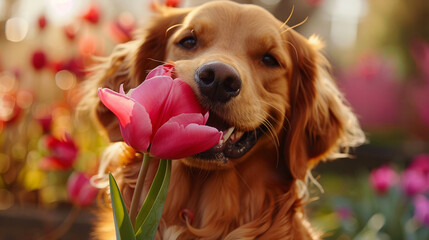 Happy spaniel with pink tulips. Playful dog enjoying spring, warmth of nature. Pet lovers' delight, cheerful garden scene. Friendly companion, sunny day charm