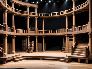bare wooden multi-purpose multi-level stage set with doors, windows and balconies. Also shown are stage lights