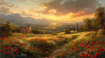 Sunset over poppy field with mountain backdrop. Generative AI