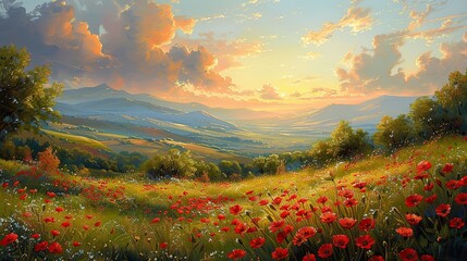 Sunset over poppy field with mountain backdrop. Generative AI