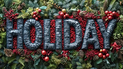 Stone text 'HOLIDAY' amidst festive greenery. Generative AI
