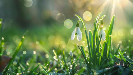 Snowdrop flowers with wet petals growing against the lush green grass in a beautiful springtime scene. Beautiful greeting card for Mothers day - obrazy, fototapety, plakaty