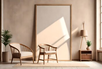 Room interior mock up in beige tones with wooden chair and wood panel 