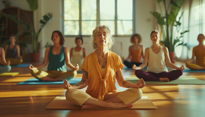 Portrait of middle-aged female couch while she calmly meditating with group doing yoga breathing exercises. Active people, Oriental practices in common life, sport and mental health concept image