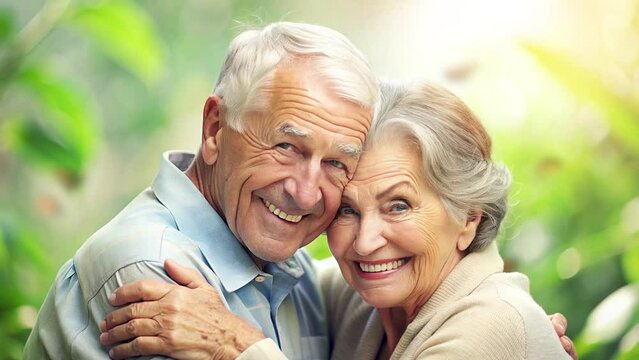 grandfather and grandmother hugged and put on faces full of happiness