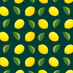 Vector seamless pattern design with lemons and leaves on a green background. Natural food patterns, backgrounds, wallpapers, prints with citrus fruits, oranges, lemons