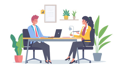 A male and female employee have an interview in the office