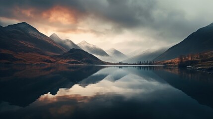 Beautiful landscape image of lake district with reflection in water at sunrise - obrazy, fototapety, plakaty