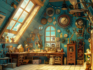 An inventor's attic where clockwork creations come to life