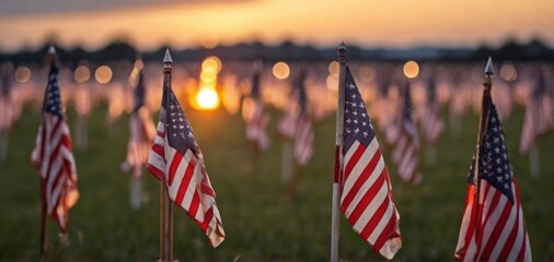 Field of American flags at Sunset. United States flags commemorating fallen heroes