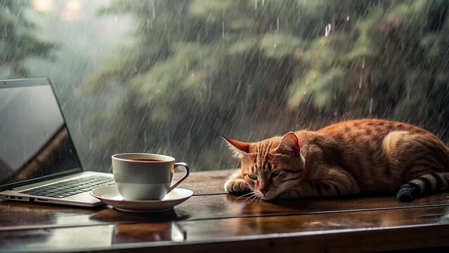 an orange striped cat sleeping in rainy weather