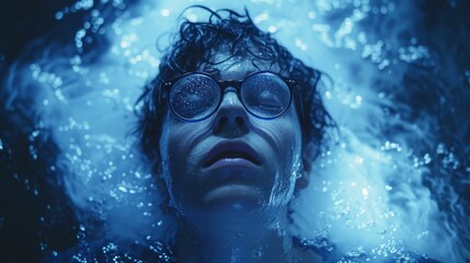 A compelling underwater portrait of a person with spectacles, eyes closed in a serene submersion, surrounded by swirls of water.