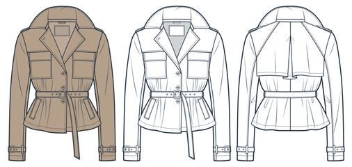 Cropped Trench Coat technical fashion Illustration. Belted Jacket fashion flat technical drawing template, pockets, buttons, front and back view, white, beige, women, men, unisex CAD mockup set. - obrazy, fototapety, plakaty