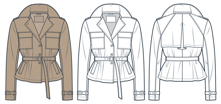 Cropped Trench Coat technical fashion Illustration. Belted Jacket fashion flat technical drawing template, pockets, buttons, front and back view, white, beige, women, men, unisex CAD mockup set.