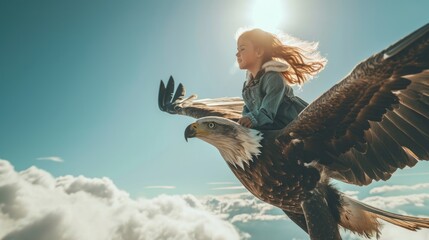 The side view of the picture that has the child flying into the bright sky with the flying object that has been called the eagle yet the size of the eagle so big when compare with the child. AIGX03. - obrazy, fototapety, plakaty