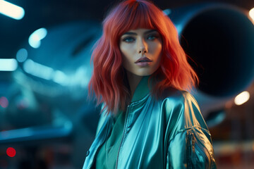 Commanding attention, the influencer with teal-colored locks and mystic blue eyes steals the show in her oversized bomber amidst the vibrant ambiance of red runway lights. Teal-colored. Mystic.
