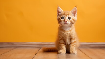 Cute orange kitty cat sitting on wooden floor with yellow background. Copy space.