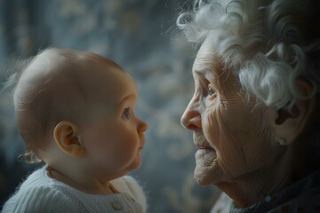 The Cycle of Life and Transformation: A Captivating Photo of a Baby and Elderly Woman Facing Each Other. Concept Family Bond, Generations, Love and Aging, Life's Journey, Emotional Connection