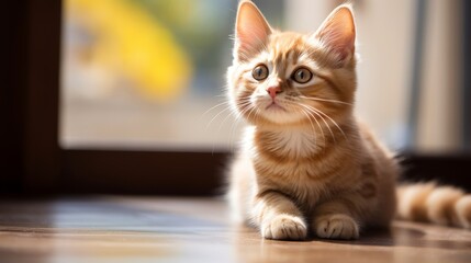 Orange cute kitten sitting on the floor.
