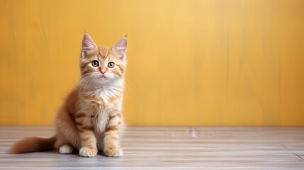 Cute orange cat sitting on the floor on yellow background. Copy space