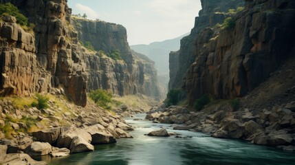 River winding through rocky canyon with sky - obrazy, fototapety, plakaty