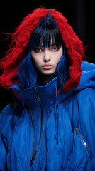 Commanding attention, the influencer with electric-blue hair and enchanting navy eyes takes center stage in a captivating oversized bomber amidst the 