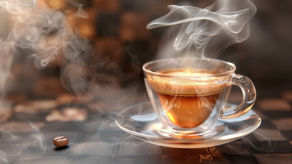 Warm steaming cup of coffee expresso Americano with steam in a glass cup and glass saucer - obrazy, fototapety, plakaty
