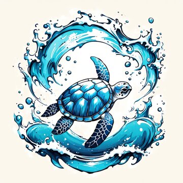 Turtle glides through its aquatic environment, showcasing beauty, tranquility of underwater world. For Tshirt design, posters, postcards, other merchandise with marine theme, childrens books, tourism.