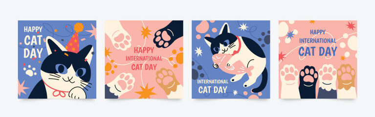 Happy international cat day square cover set. Cute cats and funny kitten, paw foot design collection with flat color in different poses.  Adorable pet animals illustration for international cat day.  - obrazy, fototapety, plakaty