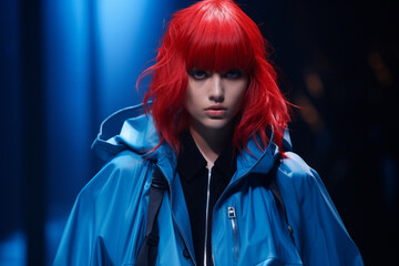 Commanding attention, the influencer with electric-blue hair and enchanting navy eyes takes center stage in a captivating oversized bomber, amidst the 