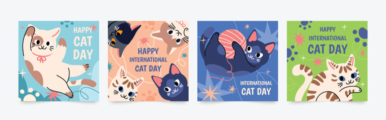 Plakaty  Happy international cat day square cover set. Cute cats and funny kitten, paw foot design collection with flat color in different poses.  Adorable pet animals illustration for international cat day. 